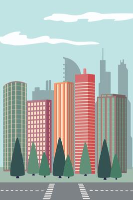 Vertical urban landscape with skyscrapers, road and trees