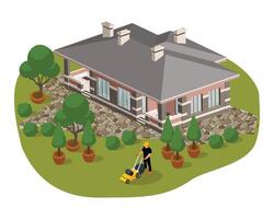 Vector private house with a worker mowing the green lawn. Isometric, aerial view