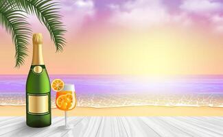 Romantic sunset vector background with a champagne bottle mockup and a glass of aperol spritz cocktail