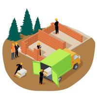 Vector isometric illustration of workers building a private brick house and unloading insulation from a truck