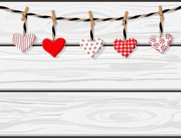 Hand drawn vector cartoon white wooden planks boards texture with handmade textile hearts hanging. St.Valentine's concept