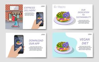 Set of web landing pages for go vegan and sustainability concepts, restaurant or food delivery company,  app download vector