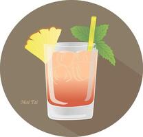 Hand drawn vector illustration of a Mai Tai alcohol rum cocktail with a mint leaf, yellow straw, pineapple spear, in an old fashioned glass, in a brown circle with a shadow.