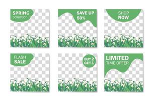 Set of spring square modern social media web banners templates with hand drawn snowdrops vector