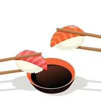 Hand drawn vector still life of chopsticks with a sushi and a bowl of soya sauce