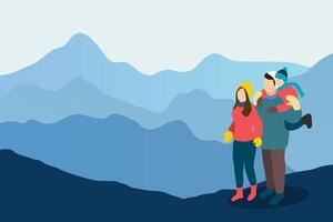 Happy family travelling in the mountains, vector with negative space