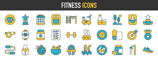 Fitness icon set. Containing healthy lifestyle, weight training, body care and workout or exercise equipment icons. Solid icons vector illustration.