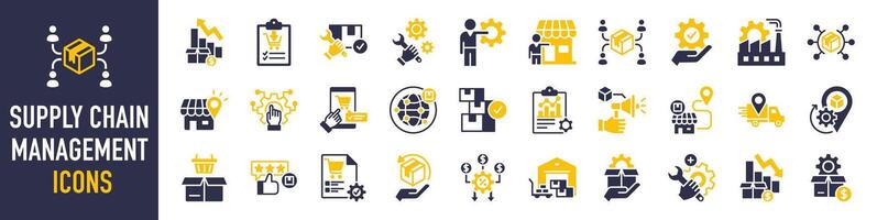 Set of icons related to supply chain management, value chain, logistic, delivery, manufacturing, commerce. icon collection. Vector illustration.