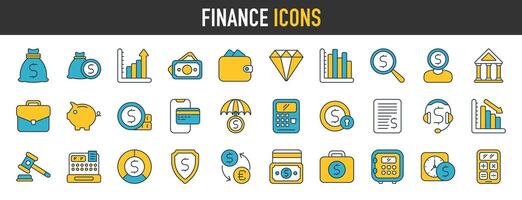 Finance icon set. Containing loan, cash, saving, financial goal, profit, budget, briefcase, wallet, bank, calculator, earning money and revenue icons. Solid vector icons illustration.