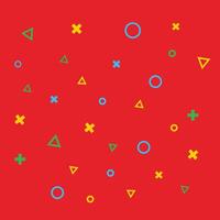 Colorful vector hipster pattern with green blue yellow geometric icons on red background. Line, square, triangle, circle shape. Retro 80s-90s pattern background