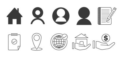Lifestyle, Online, Web, Name, Location, Home, Notebook, Money thin icon or symbol set Vector