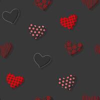 Seamless romantic trendy minimal black vector pattern with handmade textile hearts.