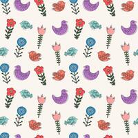 Colorful vector seamless pattern with ethnic hand drawn spring flowers and birds.