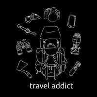 Flat lay of tourist backpack, camera, binoculars, watch, axe, torch, carabiner, lamp, phone. White charcoal on black background, hand drawn. Travel addict concept vector