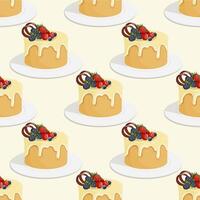 Vector hand drawn biscuit cake with icing and berries, seamless pattern