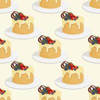 Vector hand drawn biscuit cake with icing and berries, seamless pattern