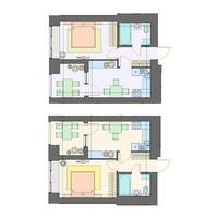 Vector set of furnished apartments, architectural background, top view