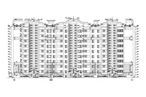 Multistory building facade, detailed architectural technical drawing, vector blueprint