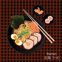 Flat lay vector illustration of japanese soup Ramen and its ingredients variety