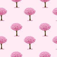 Hand drawn blooming pink sakura tree, vector seamless pattern