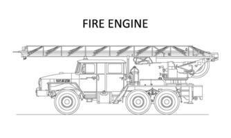 Classic cartoon hand drawn detailed fire engine, fire truck, profile view. Vector illustration