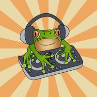 Waxy monkey tree frog DJ mixer against sunburst vintage background. Hand drawn artistic vector pop art