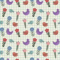 Colorful vector seamless pattern with ethnic hand drawn spring flowers and birds in a checkered notebook