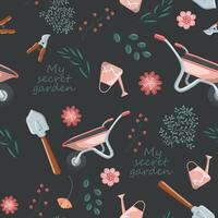 Seamless vector pattern of garden tools and plants hand drawn elements over black