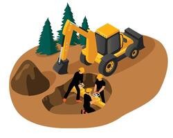 isométrica vector de un excavador excavación un pozo y trabajadores reparando un agua tubo