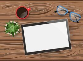 Hand drawn flat lay Mockup of blank tablet, eyeglasses and a cup of coffee on brown wooden table vector