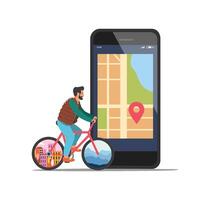 vector ilustración de un hombre montando un bicicleta y un teléfono inteligente con un mapa navegación aplicación