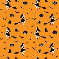 Witch flying on a broom with spooky bats, spiders, cats and pumpkins. Happy Halloween seamless vector illustration