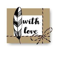 Hand drawn gift present box with string bow, feather and With love text. Wrapping diy idea. Vector illustration