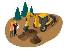 Isometric vector of an excavator digging a foundation pit for a building