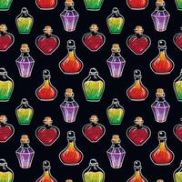 Hand drawn vector seamless pattern of glass bottles with colorful magic potion, witchcraft