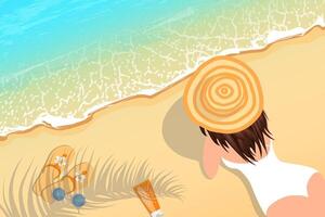 Vector back view portrait of a beautiful young woman wearing straw hat and lying in the seashore. Travel and vacation concept