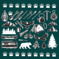 A collection of camping and hiking items. vector