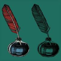 Two inkwells with a feather and ink bottle vector. vector