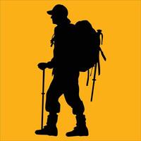 A silhouette of a man with a backpack and a stick. vector