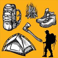 Camping and hiking items on a yellow background. vector