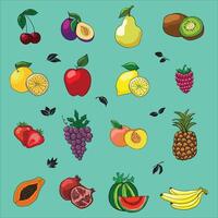 A set of fruit icons on a blue background. vector