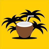 A coconut with a straw and palm trees on a yellow background. vector