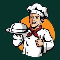 Chef holding a platter with a thumb up. vector