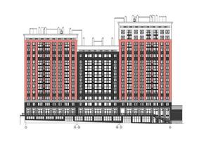 de varios pisos edificio fachada, detallado arquitectónico técnico dibujo, vector Plano