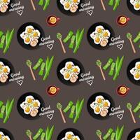 Seamless vector pattern of homemade breakfast  with bacon, fried eggs in a pan, a cup of lemon tea and pandan leaves spices. Top view  flat lay