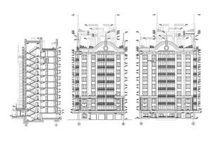 de varios pisos edificio fachadas, detallado arquitectónico técnico dibujo, vector Plano