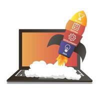 Vector colorful rocket and a laptop with Idea, development, testing and release icons. Software development. Start up business concept