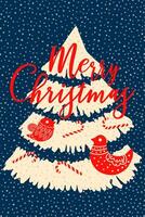 Hand drawn merry christmas happy holiday vector card with a christmas tree, ethnic birds and candy canes