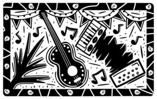 Brazilian cordel style woodcut illustration. Party concept. Musical instruments, flags and notes vector