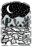 Brasilian cordel style. Night desert landscape with cacti. Woodcut illustration vector